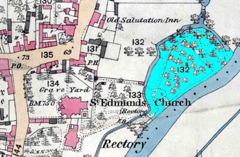 The island site is shaded in pale blue on this map of 1884